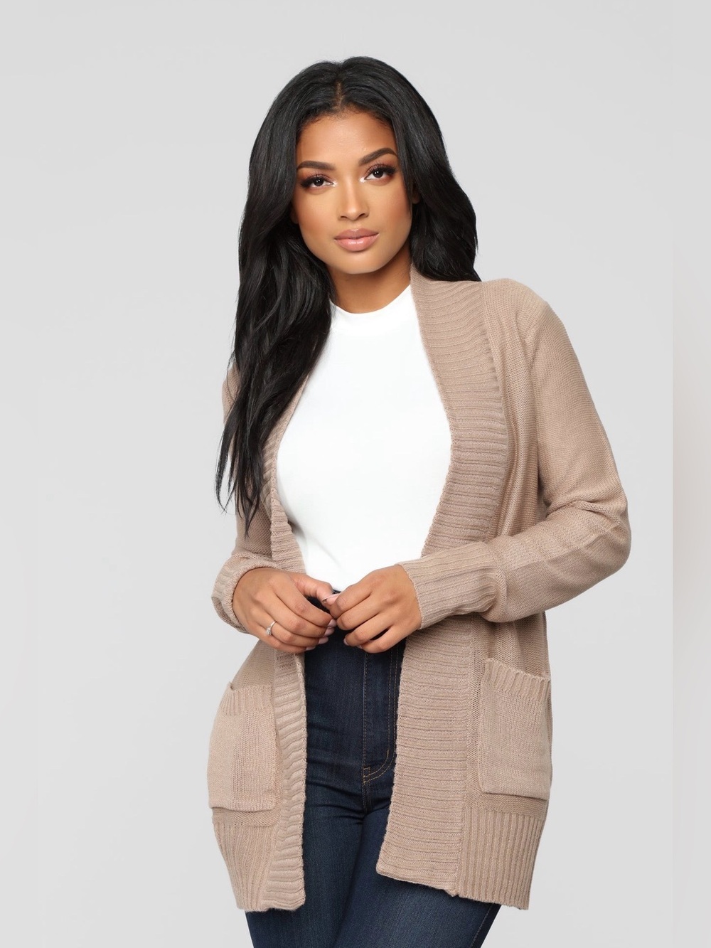 Fashion Nova Taupe Open Front Knit Cardigan Sweater with Pockets Size Small